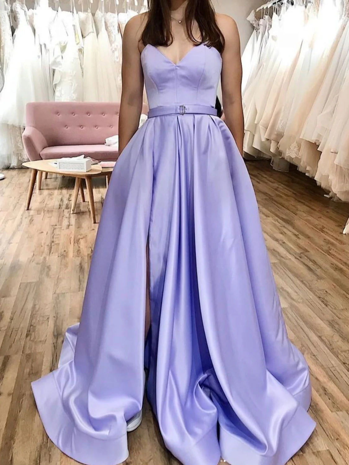 A line satin long prom dress
